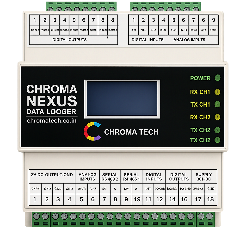 Chroma Nexus Data Logger — front view with terminal blocks and status LEDs