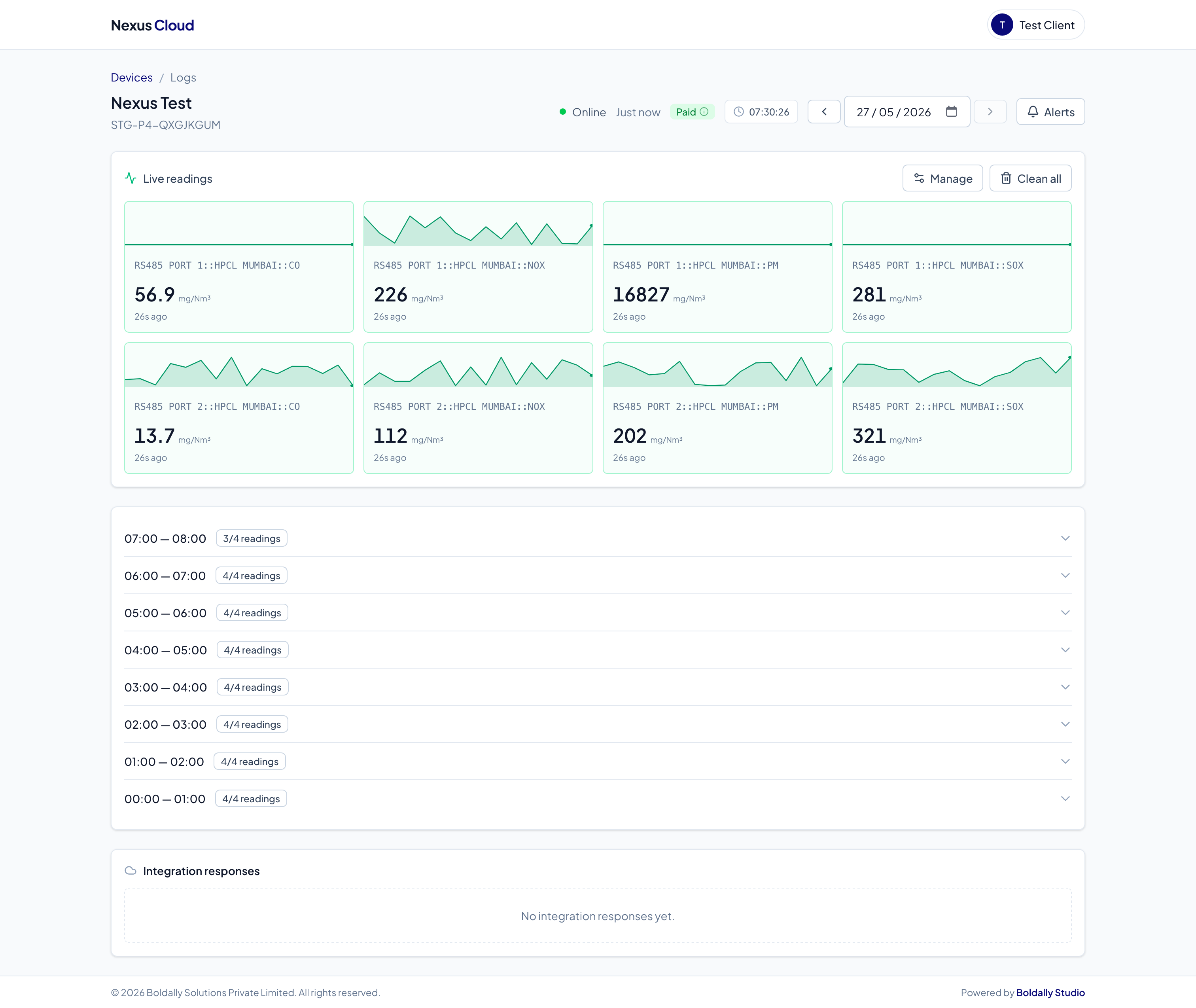 Nexus Cloud dashboard — live readings, hourly history and integration responses for a Chroma Nexus device